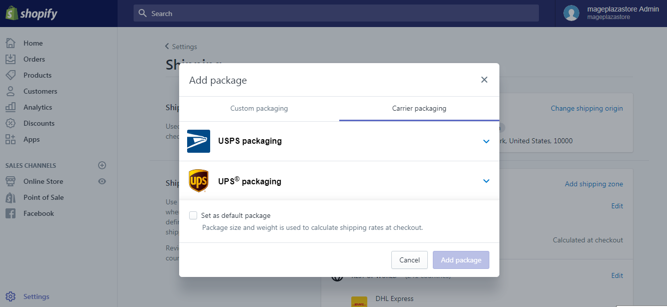 how to add a USPS flat rate packaging on Shopify2