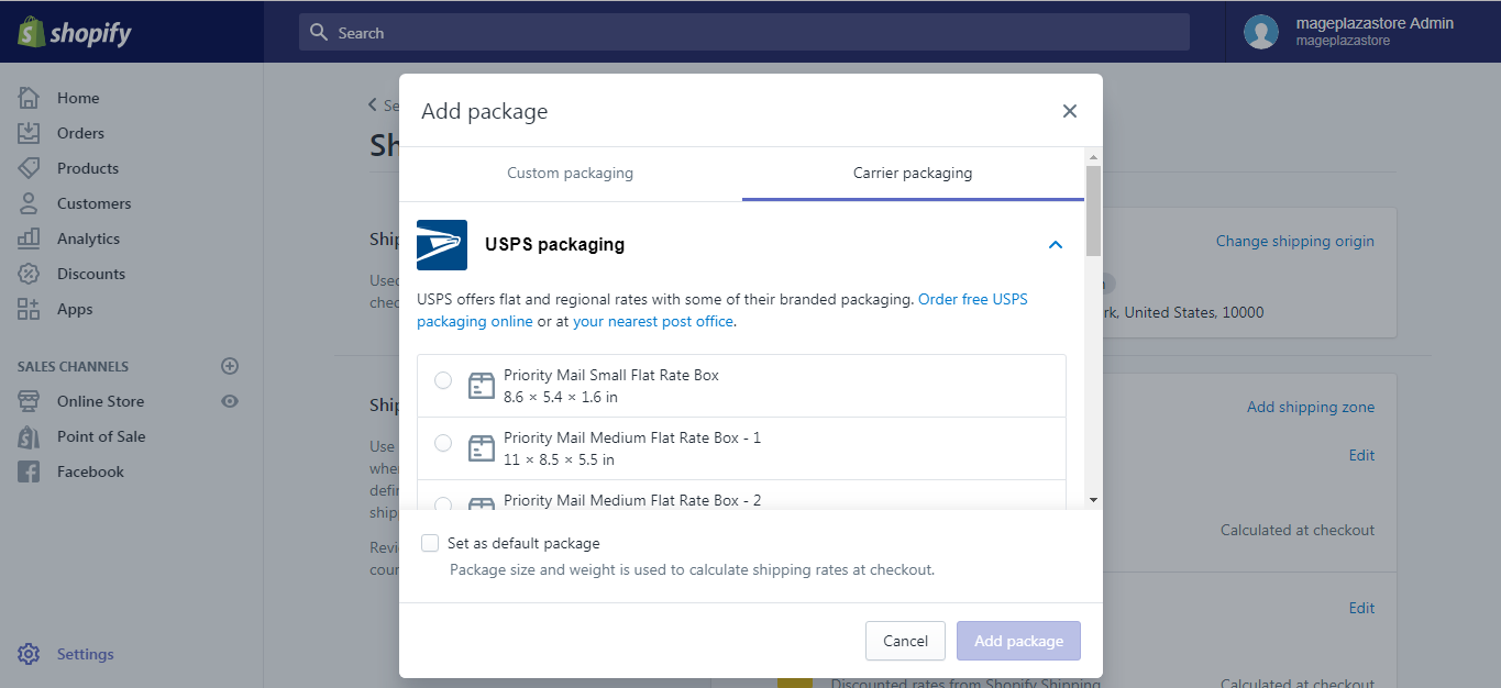 how to add a USPS flat rate packaging on Shopify3