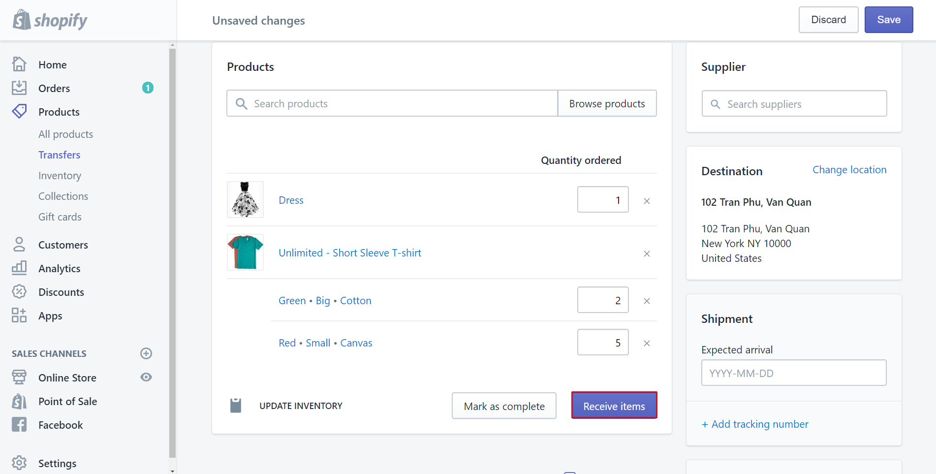 how to receive inventory on shopify