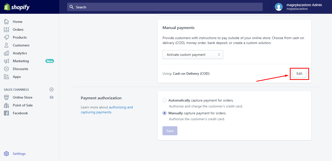 how deactivate manual payment method Shopify