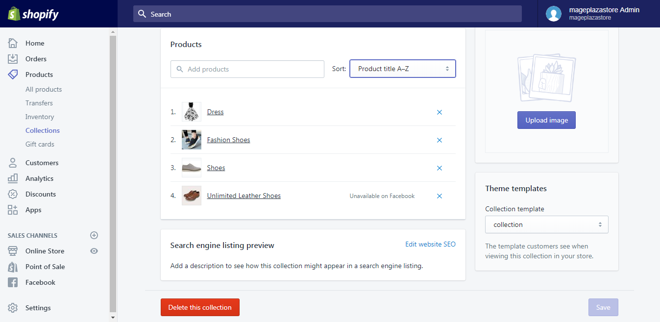 how change sort order products collection shopify