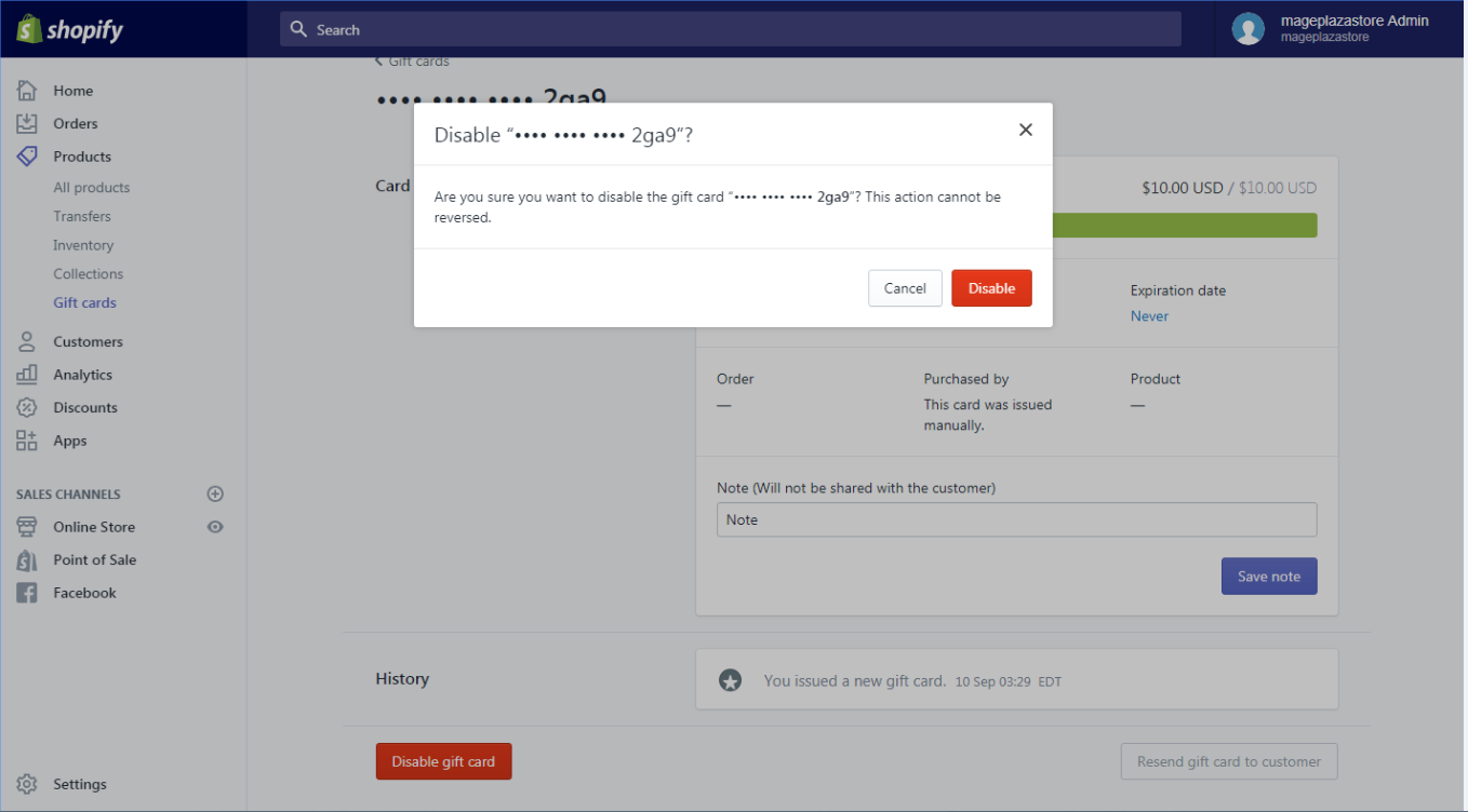 how to disable a gift card on shopify
