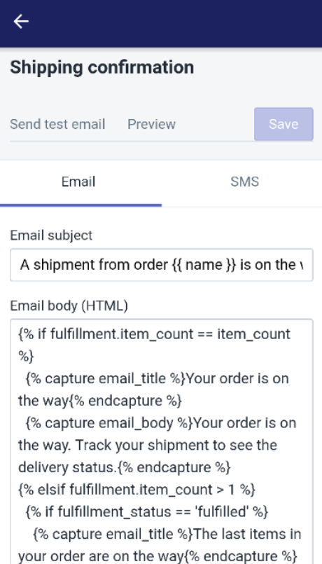 To manually add the order status URL to your email templates on Android 4