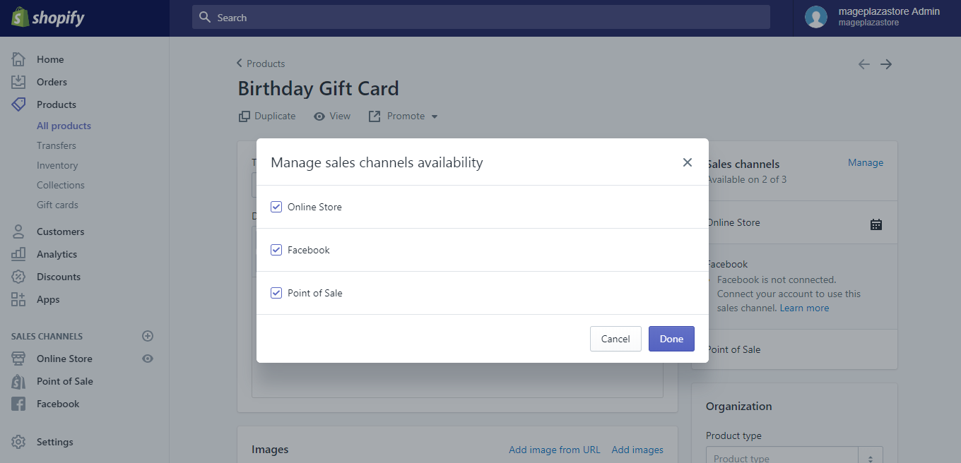 how to publish the gift card product on shopify