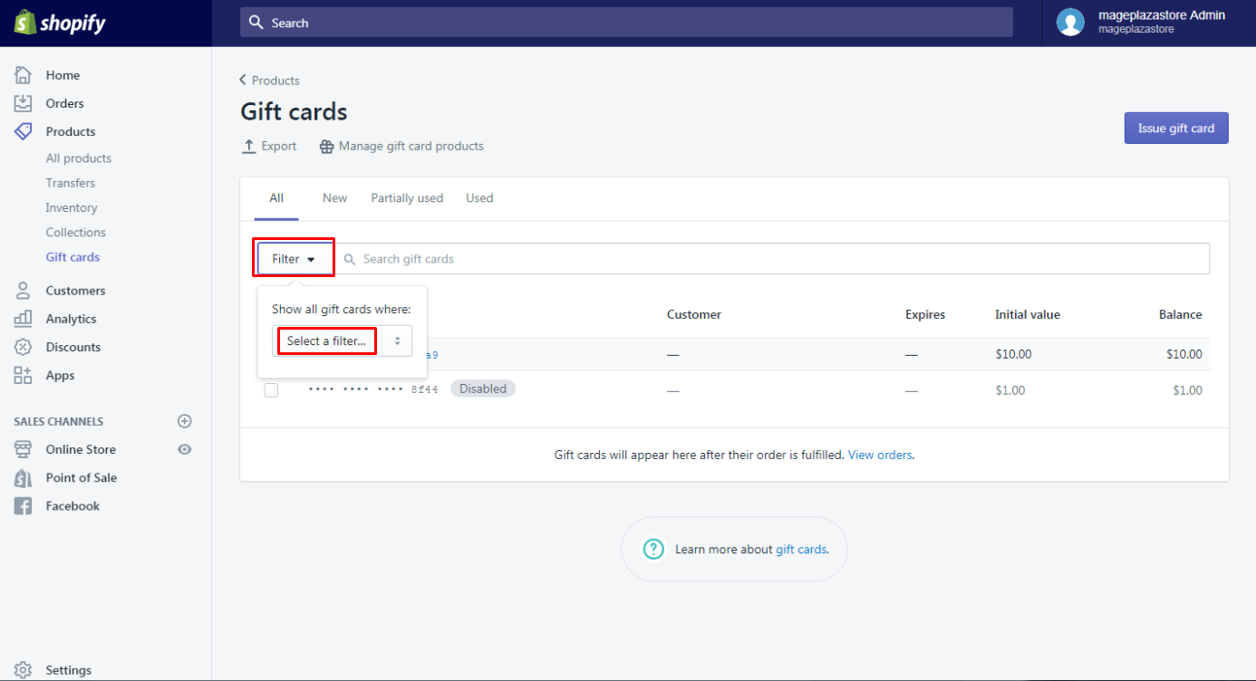 how to filter cards on shopify