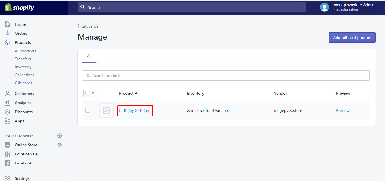 how to publish the gift card product on shopify