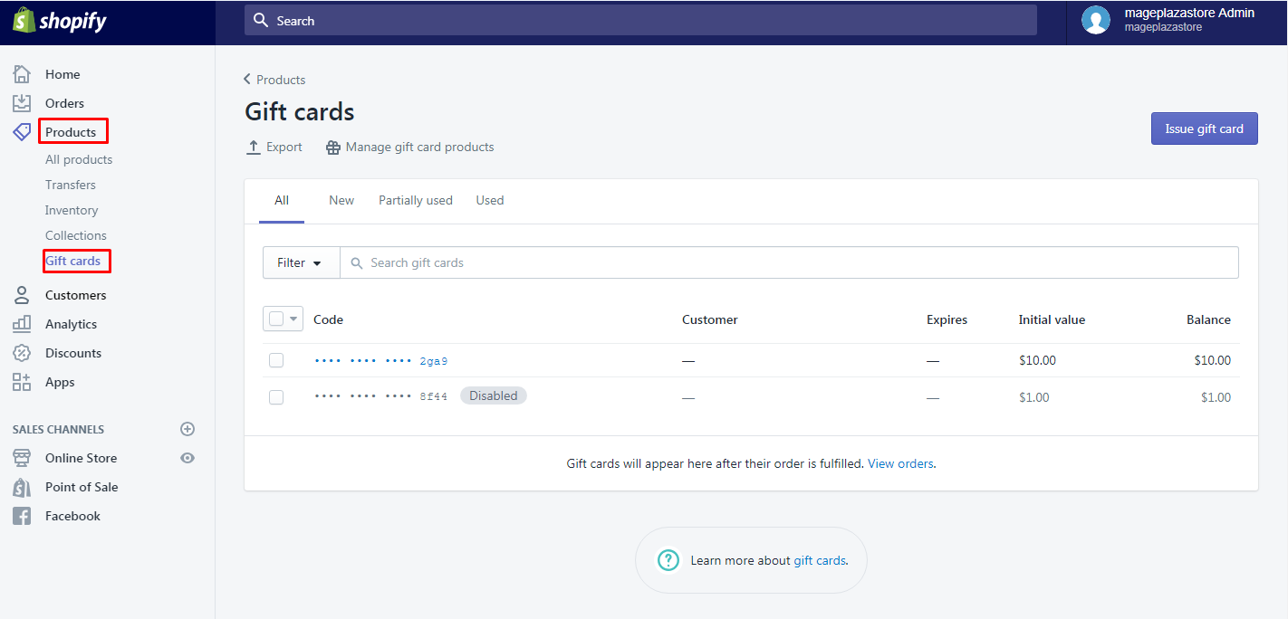 how to disable a gift card on shopify