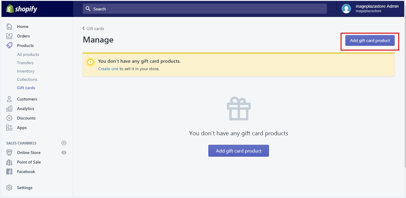 how to publish the gift card product on shopify