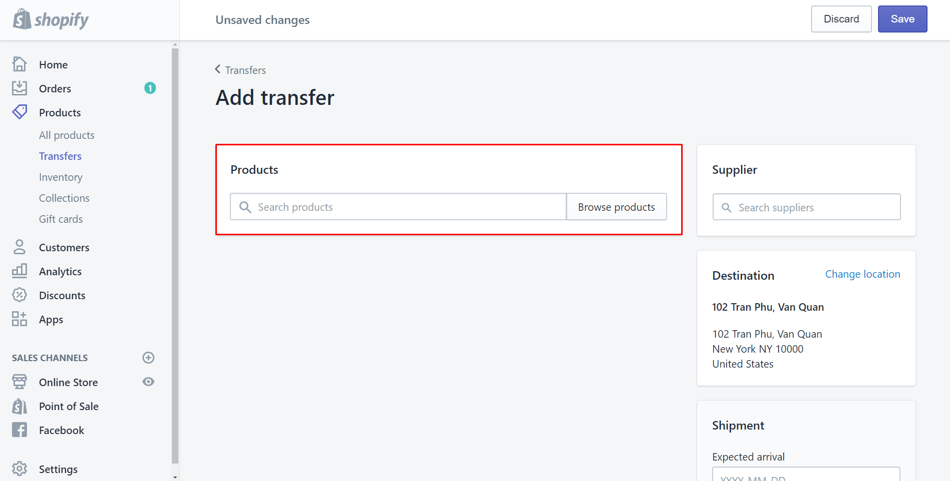 how create transfer shopify