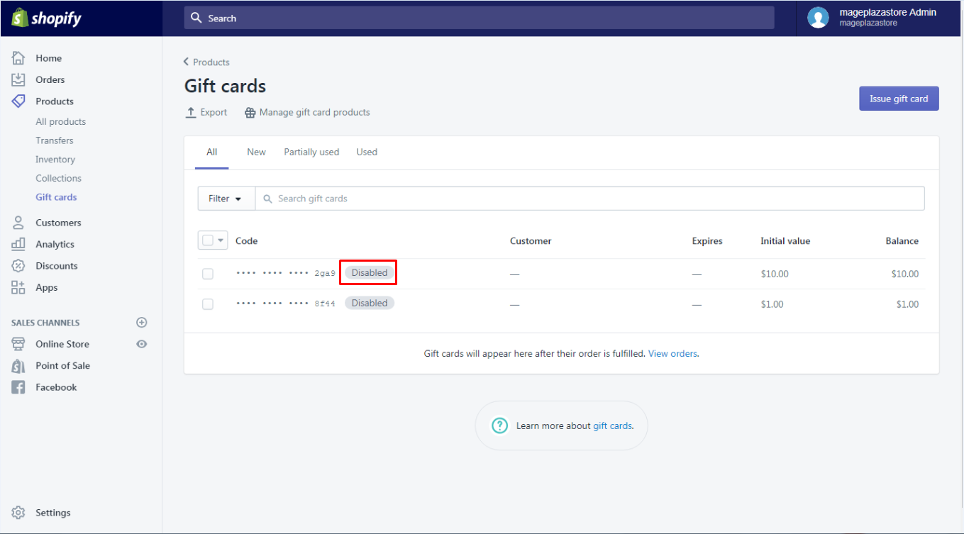 how to disable a gift card on shopify