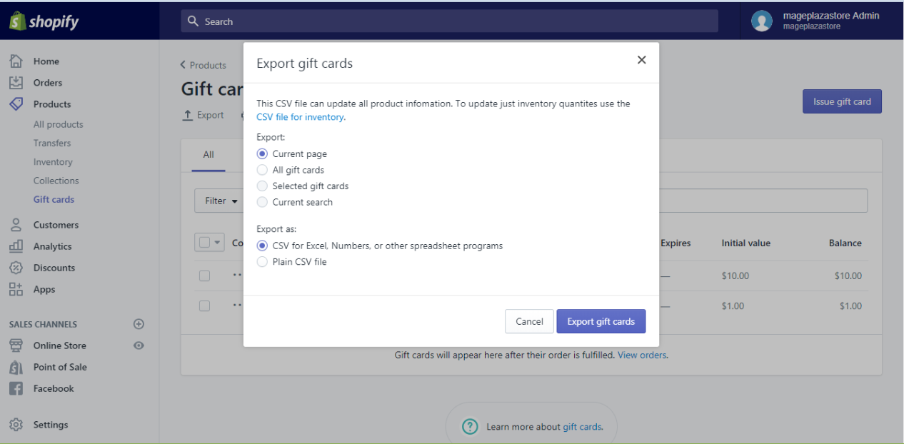 how to export your gift card products to a csv