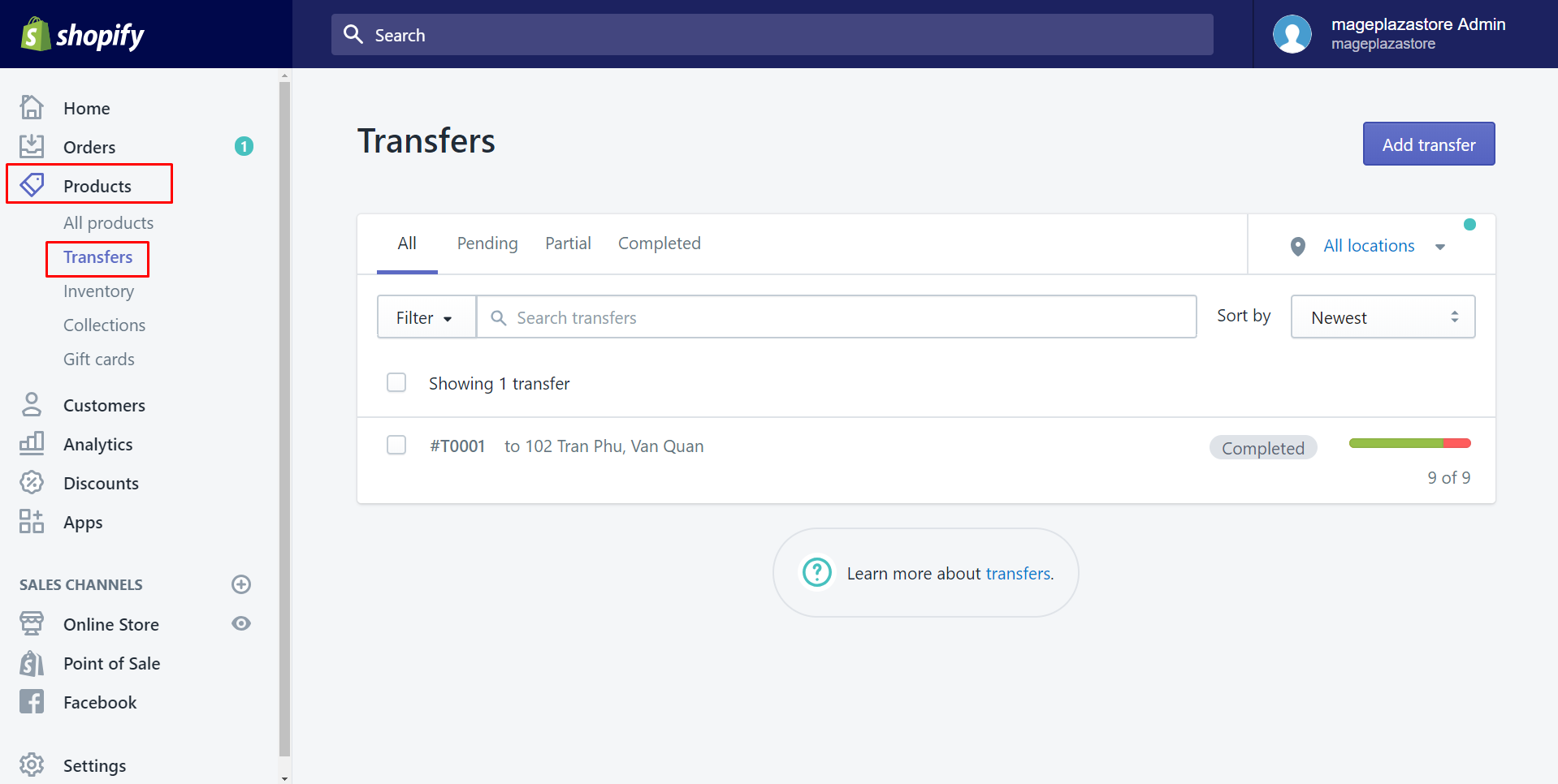 how create transfer shopify