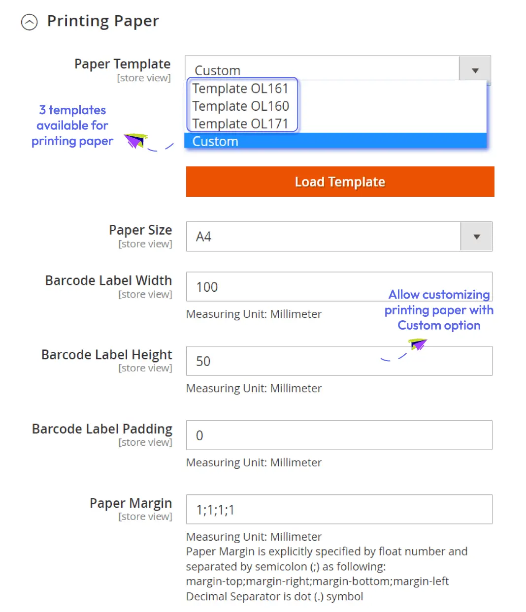 Magento 2 barcode customize priting paper