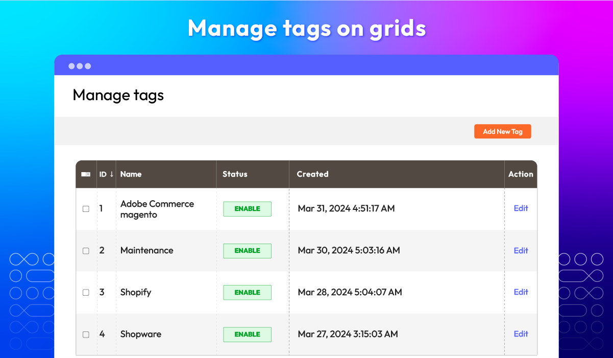 Manage blog tags in grid view with options to enable, edit, or add new tags.