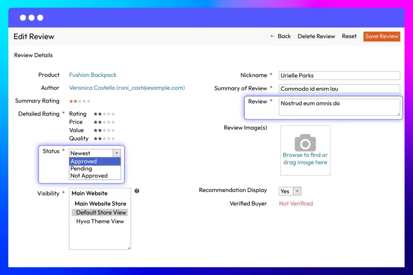 Allow admins to approve or edit reviews from the backend