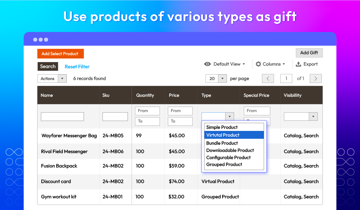 Use all Magento 2 product types as gifts: simple, virtual, bundle, etc.