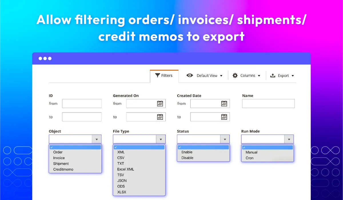 Filter orders, invoices, shipments, and credit memos before exporting