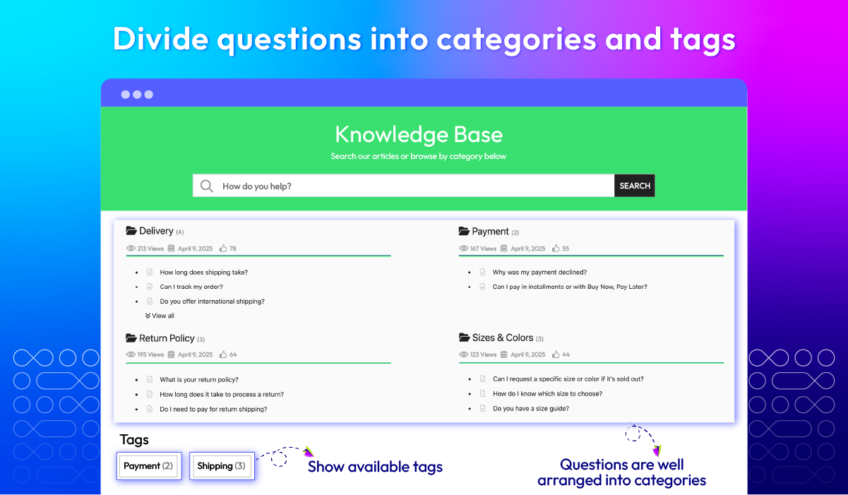 divide questions into categories and tags