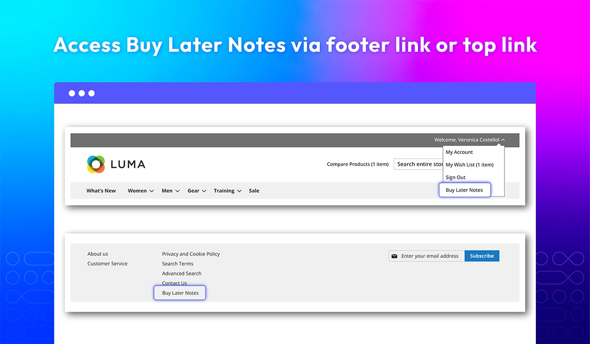 Access buy later notes via footer link or top link