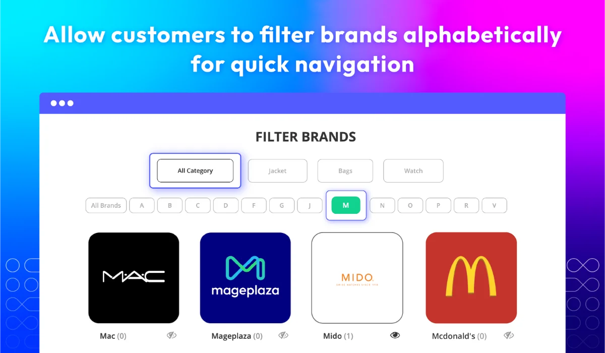 Quick brand navigation by alphabetical filter on brand listing page
