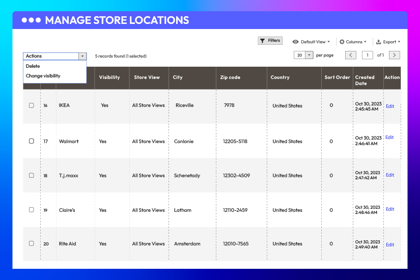 Manage stores in admin dashboard