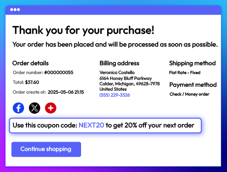 Success page showing order details and NEXT20 promo code