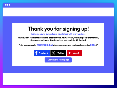 Newsletter signup success page with 20% off coupon and share buttons