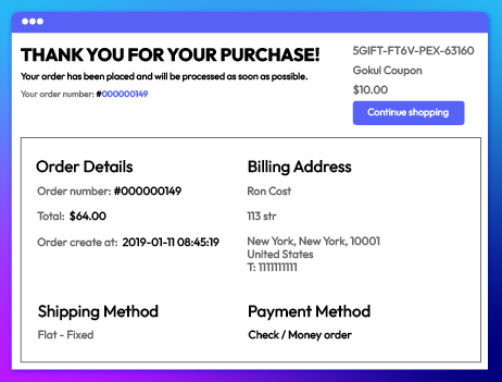 Thank You page with order summary and instant coupon reward
