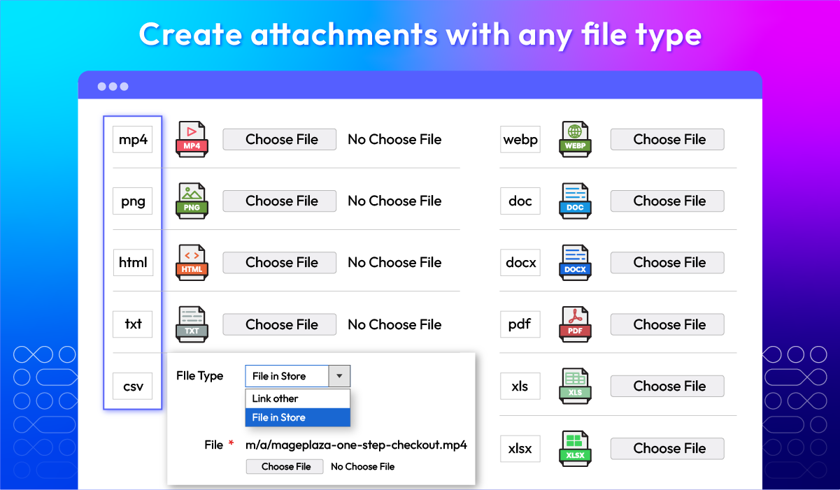 Create Magento product attachments using various file types such as mp4, pdf, docx, png, html, xlsx and more