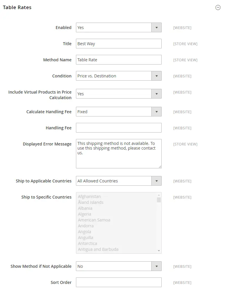 Configure Table Rates Shipping method in Magento 2