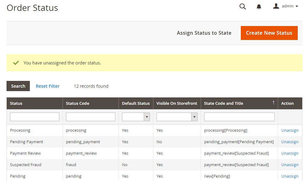 Magento 2 order status and order state Message