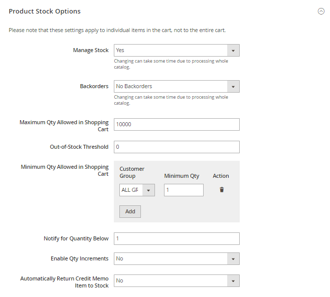 How to setup Stock product stock option config